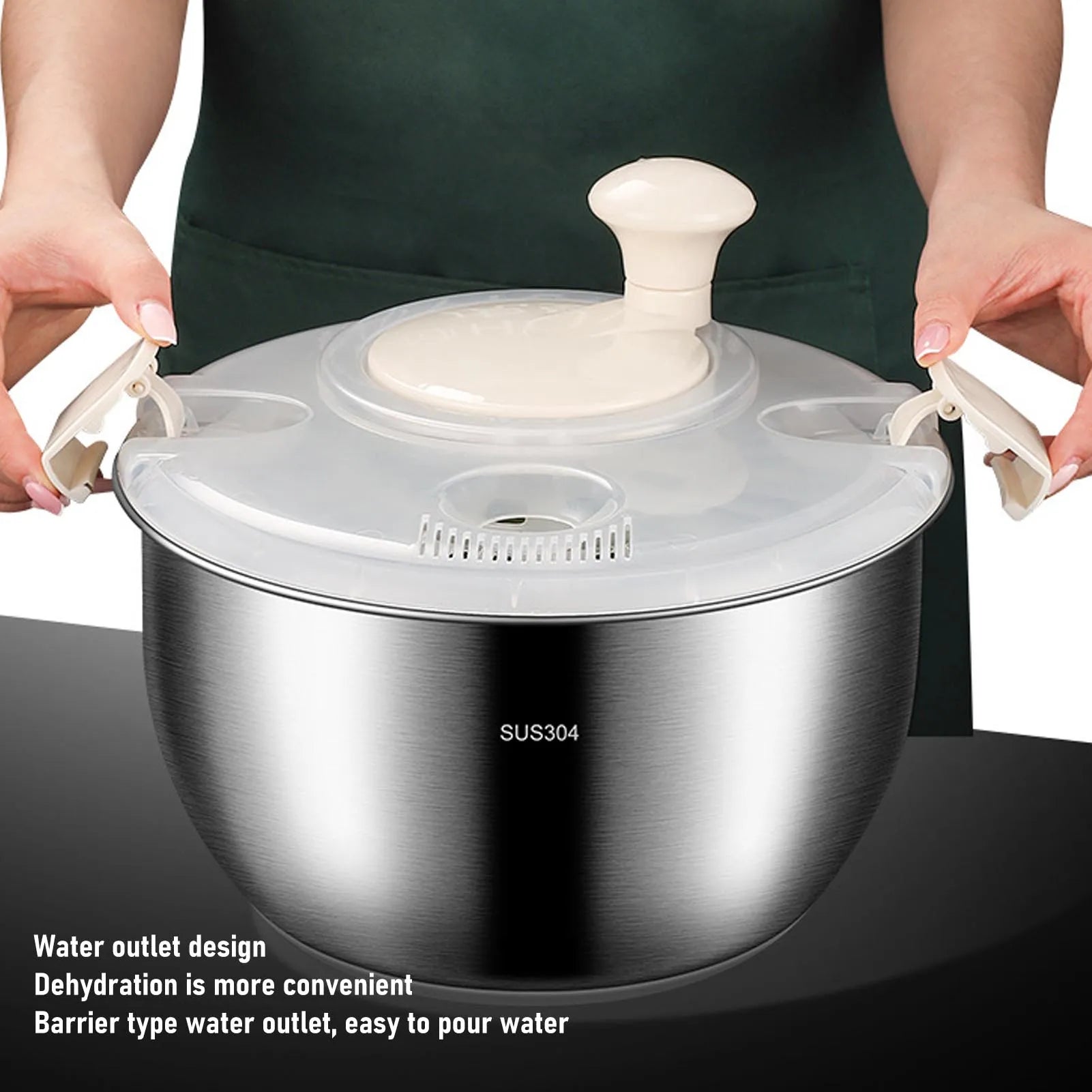 Fruit Washer 6L Stainless Steel PP Multifunctional Salad Dryer with Drainage Outlet for Lettuce Vegetable Salad Washing Bowl