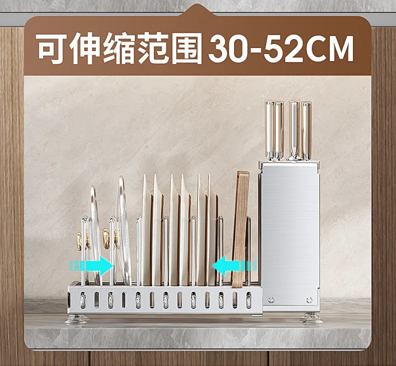 Kitchen Utensil Rack, Knife Holder, Stainless Steel, Extendable Storage Device for Cutting Boards, Pot Covers,and Draining Racks