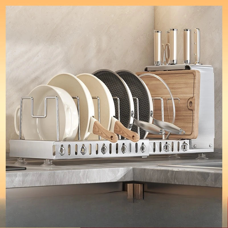 Kitchen Utensil Rack, Knife Holder, Stainless Steel, Extendable Storage Device for Cutting Boards, Pot Covers,and Draining Racks
