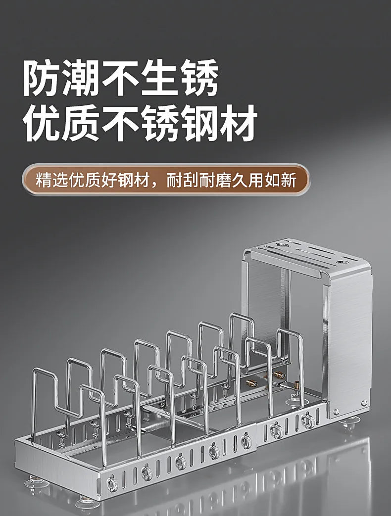 Kitchen Utensil Rack, Knife Holder, Stainless Steel, Extendable Storage Device for Cutting Boards, Pot Covers,and Draining Racks