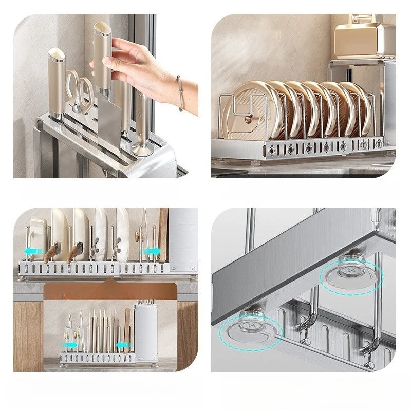Kitchen Utensil Rack, Knife Holder, Stainless Steel, Extendable Storage Device for Cutting Boards, Pot Covers,and Draining Racks