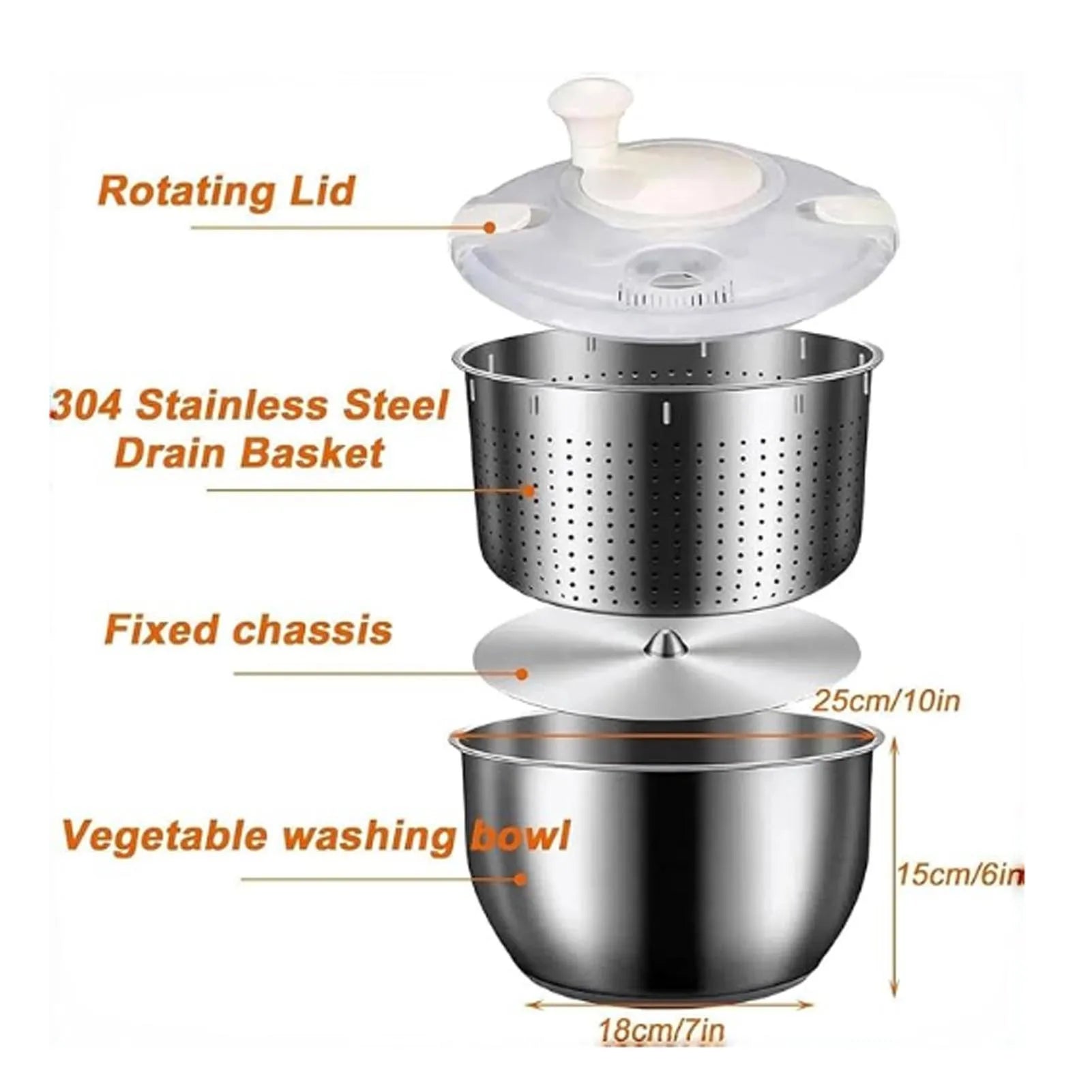 Fruit Washer 6L Stainless Steel PP Multifunctional Salad Dryer with Drainage Outlet for Lettuce Vegetable Salad Washing Bowl