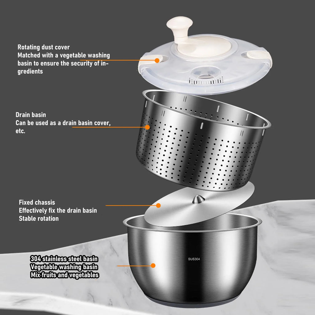Fruit Washer 6L Stainless Steel PP Multifunctional Salad Dryer with Drainage Outlet for Lettuce Vegetable Salad Washing Bowl