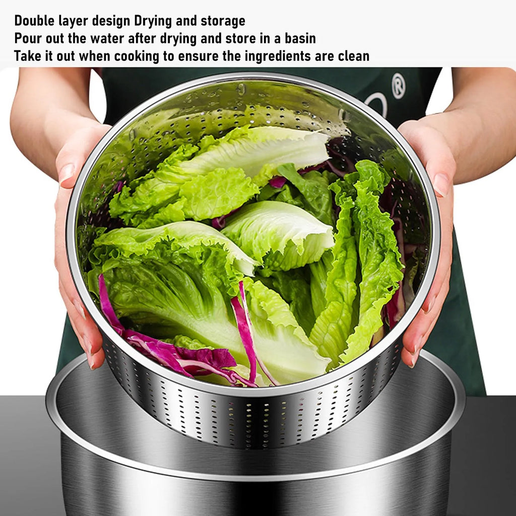 Fruit Washer 6L Stainless Steel PP Multifunctional Salad Dryer with Drainage Outlet for Lettuce Vegetable Salad Washing Bowl