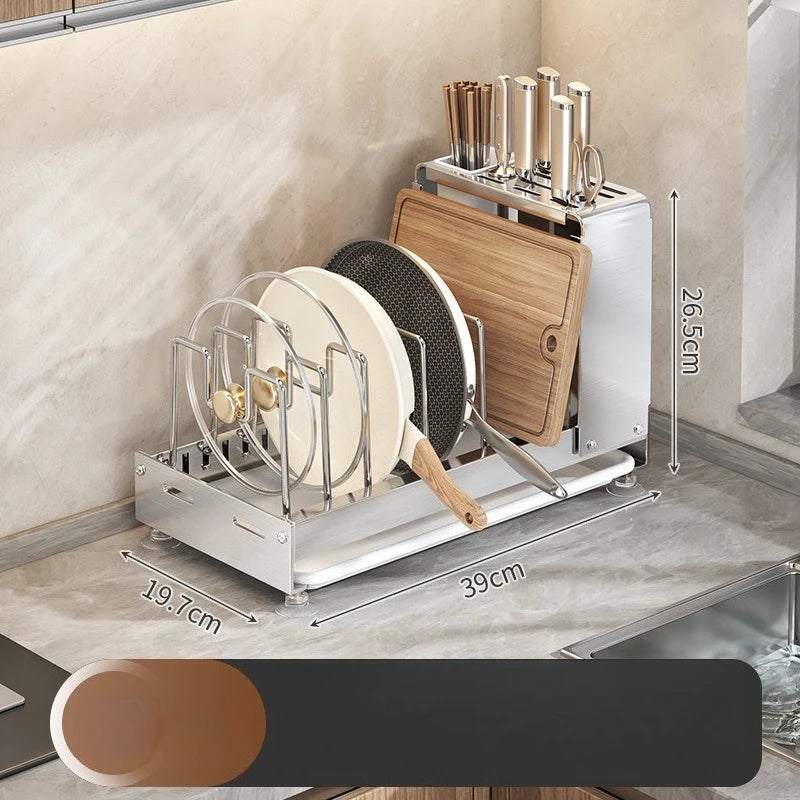Kitchen Utensil Rack, Knife Holder, Stainless Steel, Extendable Storage Device for Cutting Boards, Pot Covers,and Draining Racks