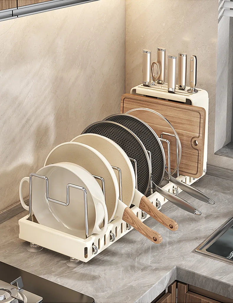 Kitchen Utensil Rack, Knife Holder, Stainless Steel, Extendable Storage Device for Cutting Boards, Pot Covers,and Draining Racks